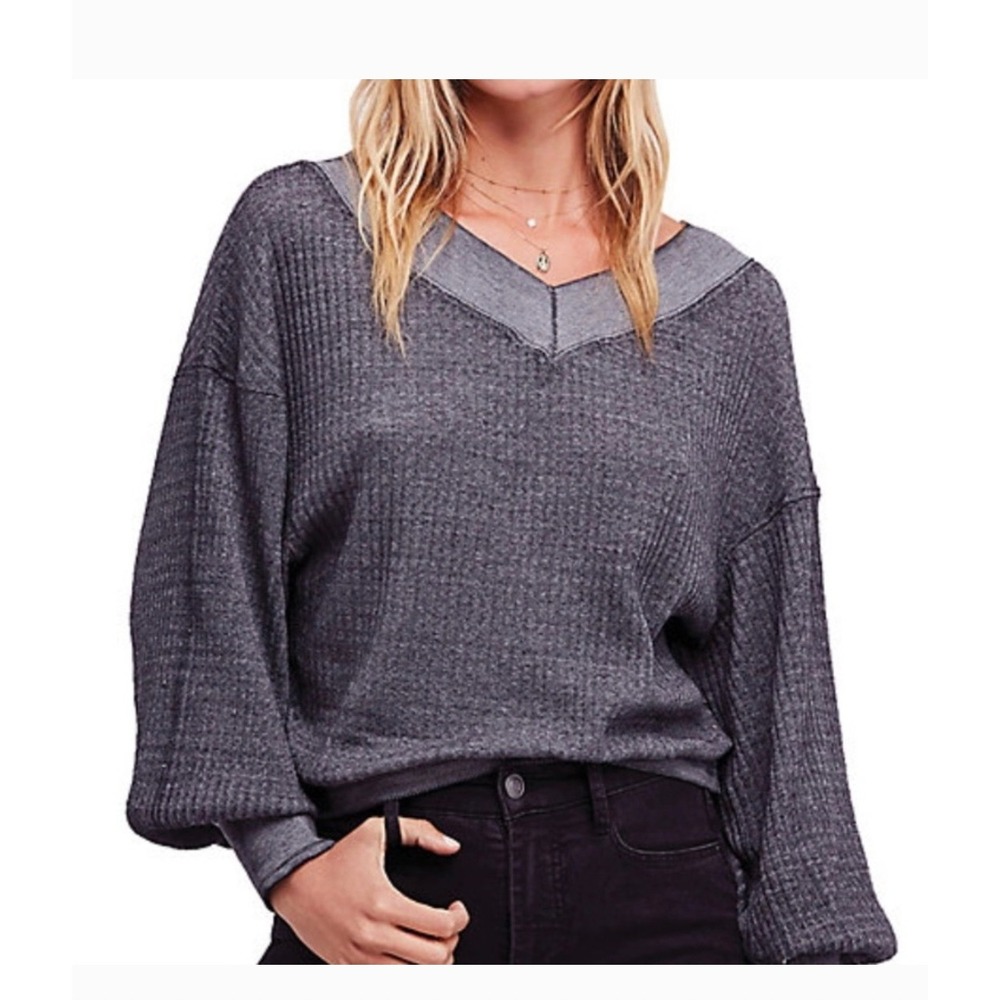 Free People We The Free South Side Waffle Knit Thermal Charcoal Gray Sz XS‎